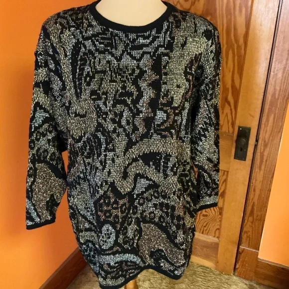 Vtg 80s sparkly geometric oversized sweater - Picture 6 of 12